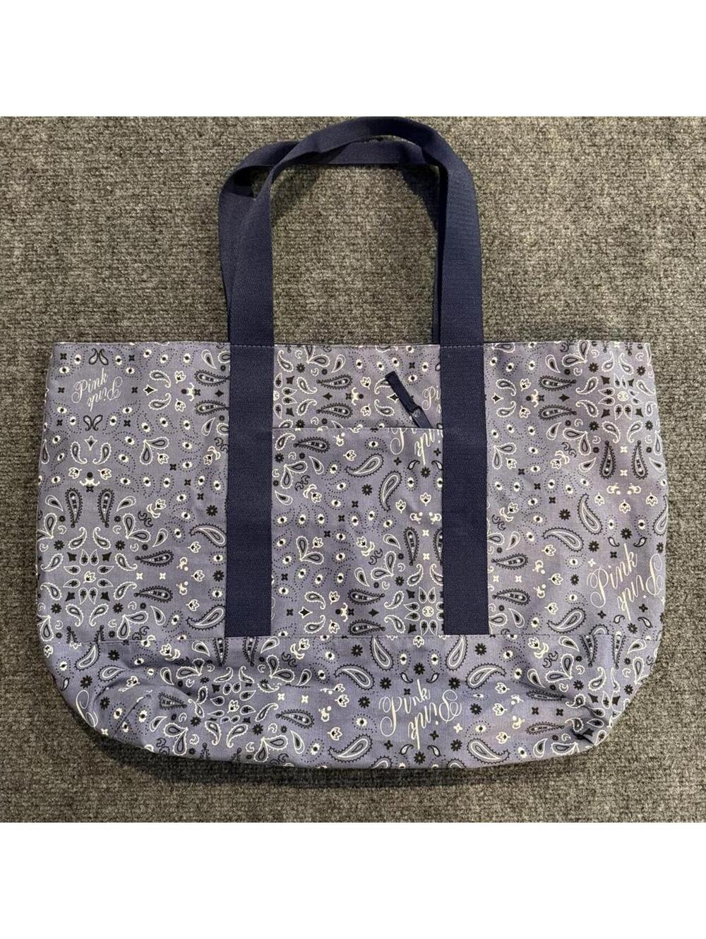 Victoria's Secret PINK gray & blue paisley tote bag with white & black accents